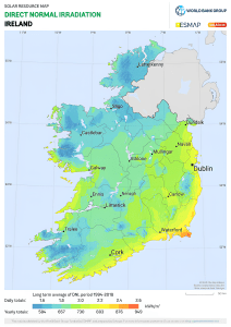  this map provides a summary of the estimated solar energy available for power generation and other energy applications. It represents the long-term average of daily/yearly totals of direct normal irradiation (DNI). The underlying solar resource database is calculated by the Solargis model from atmospheric and satellite data with 15- or 30-minute time step. The effects of terrain are considered at nominal spatial resolution of 250 m. DNI is the most important parameter for energy yield calculation and performance assessment of concentrating solar power (CSP) and concentrator solar photovoltaic (CPV) technologies. DNI is also important for the calculation of global irradiation received by tilted or sun-tracking photovoltaic modules