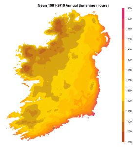 Ireland normally gets between 1100 and 1600 hours of sunshine each year. The sunniest months are May and June. During these months, sunshine duration averages between 5 and 6.5 hours per day over most of the country. The extreme southeast gets most sunshine, averaging over 7 hours a day in early summer. December is the dullest month, with an average daily sunshine ranging from about 1 hour in the north to almost 2 hours in the extreme southeast. Over the year as a whole, most areas get an average of between 3 1/4 and 3 3/4 hours of sunshine each day. 1887 was the sunniest summer in the 100 years from 1881 to 1980, according to measurements made at the Phoenix Park in Dublin.